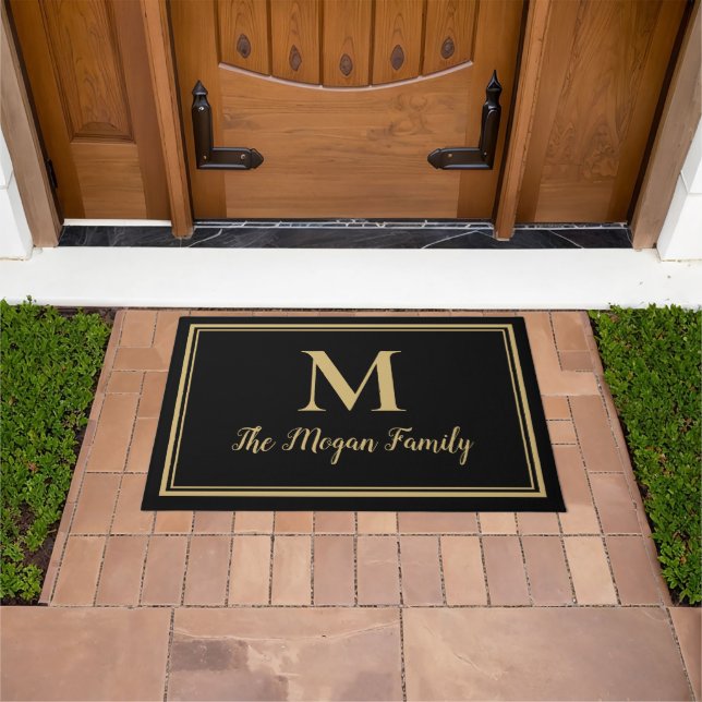 Paillasson Elegant Black Gold Double Borders Custom Monogram (De plein air)