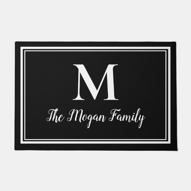 Paillasson Elegant Black White Double Borders Custom Monogram (Devant)