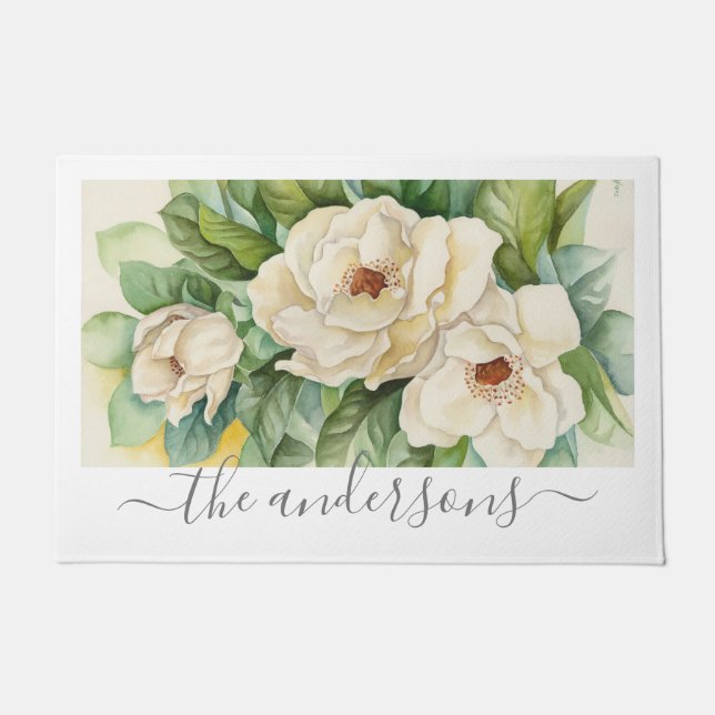 Paillasson Élégant blanc floral Magnolia Fleurs Nom du script (Devant)