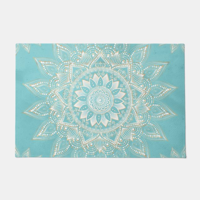Paillasson Elégant Blanc Gold Mandala Sky Blue Design (Devant)