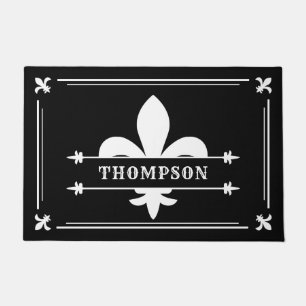 Paillasson Élégant Blanc noir Fleur de Lis Nom personnalis