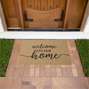 Paillasson Élégant Bonjour Bienvenue Word Art Sur Faux Burlap
