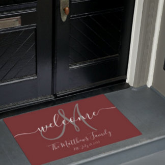 Paillasson Elegant Burgundy Grey Monogram Script Name Wedding
