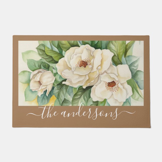 Paillasson Élégant floral kaki Magnolia Fleurs Nom Script (Devant)