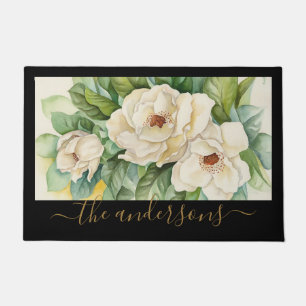 Paillasson Élégant Floral Noir Tan Magnolia Fleurs Nom