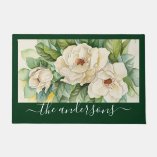 Paillasson Élégant floral vert Magnolia Fleurs Nom Script
