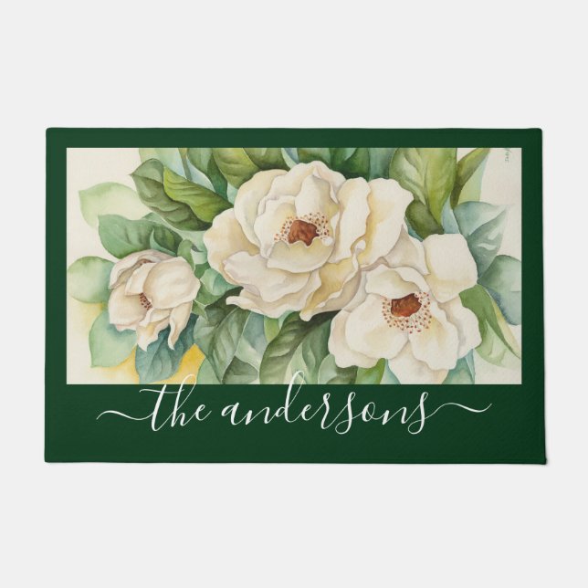Paillasson Élégant floral vert Magnolia Fleurs Nom Script (Devant)