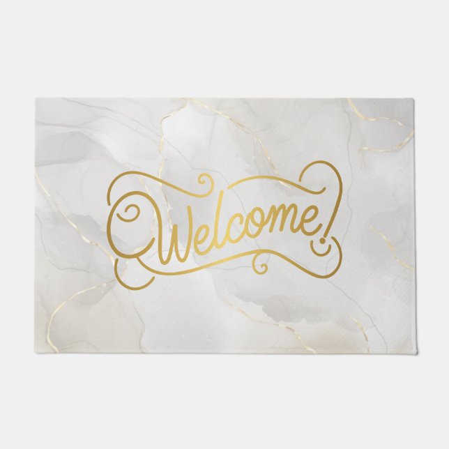 Paillasson Elegant Gray Marble and Gold Script Welcome (Devant)