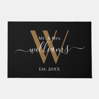 Paillasson Élégant M. Et Mme Black Gold Monogramme Nom Script