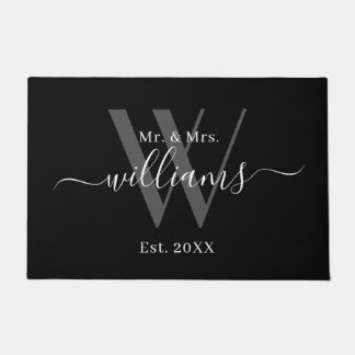 Paillasson Élégant M. Et Mme Black Grey Monogramme Nom Script
