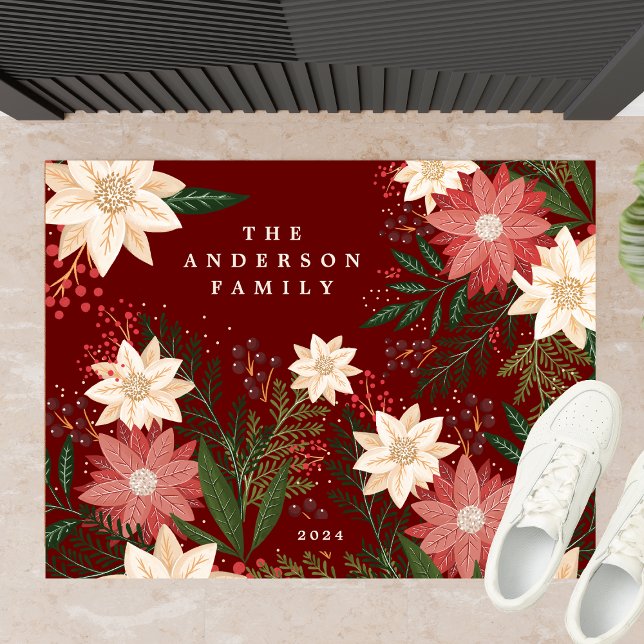 Paillasson Élégant Maroon Nom de famille Poinsettia Noël (Créateur téléchargé)