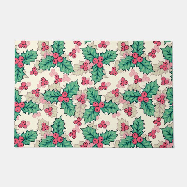 Paillasson Élégant modèle vintage Noël Holly Floral | (Devant)