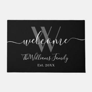 Paillasson Élégant Monogram Black Grey Nom Mariage de script