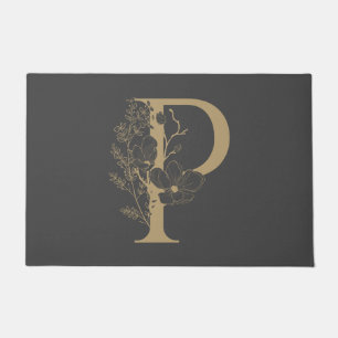 Paillasson Élégant Monogramme floral P Boho Gold gris initi