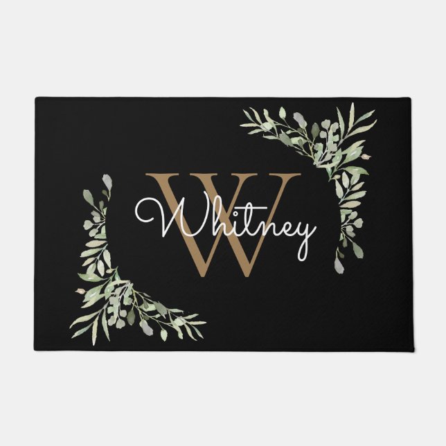 Paillasson Élégant monogramme noir or feuillage (Devant)