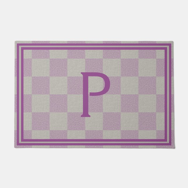 Paillasson Élégant Monogramme Plaid Buffalo Gris Plum (Devant)
