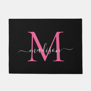 Paillasson Élégant Noir Hot Rose Personnalisé Monogramme Nom
