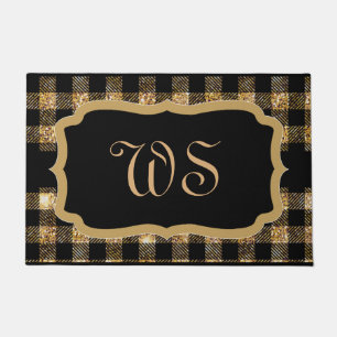 Paillasson Élégant Noir Tartan Plaid Or Monogramme