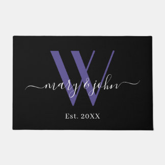 Paillasson Élégant noir violet nom de monogramme Mariage de s