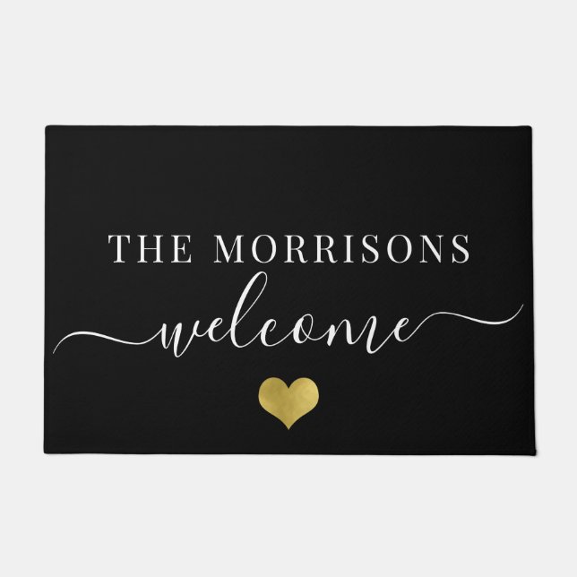 Paillasson Élégant Nom de famille Script Welcome Gold Heart (Devant)