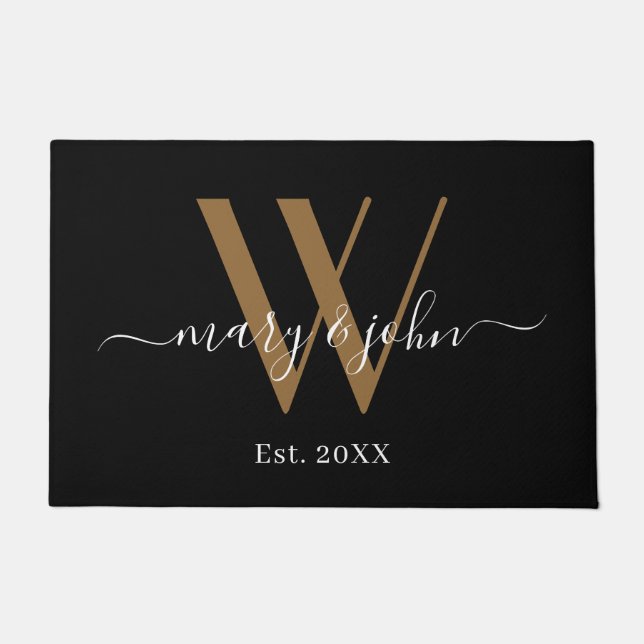 Paillasson Élégant or noir Noms Script Monogramme Mariage (Devant)