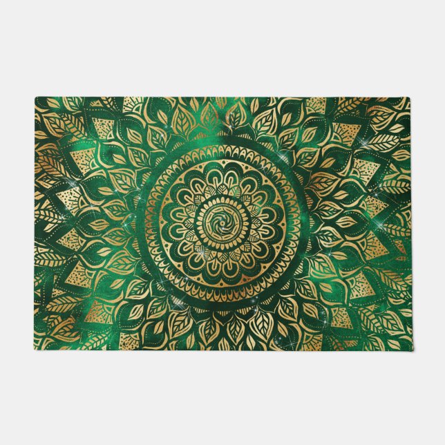 Paillasson Élégant or vert Mandala Floral (Devant)