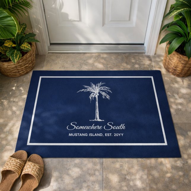 Paillasson Elégant Palmier Blanc Bleu Personnalisé (Elegant Blue White Palm Tree Personalized Doormat)
