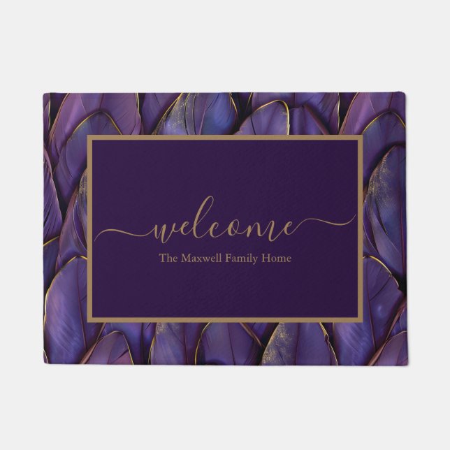 Paillasson Elegant purple gold feathers name welcome  (Devant)