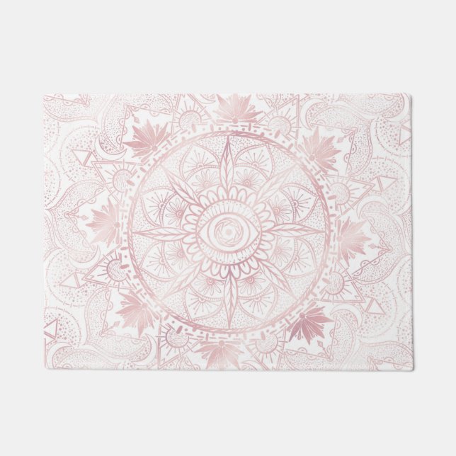 Paillasson Elégant Rose Blanc Or Oeil Soleil Lune Mandala (Devant)