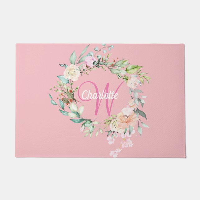 Paillasson Élégant Rose Floral Pink Script Monogramme (Devant)