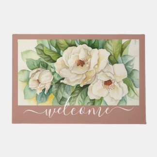 Paillasson Élégant Rose Gold Magnolia Floral Welcome Script