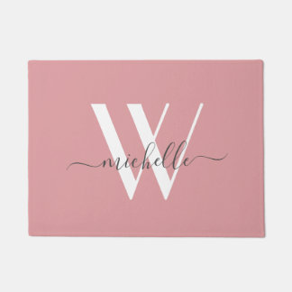 Paillasson Élégant rose pâle blanc Monogramme Nom Script