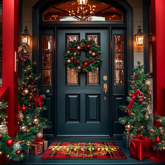 Paillasson Élégant rouge et vert Tartan Plaid Noël (Festive Red Christmas Tartan Plaid Holiday Welcome Mat )