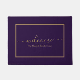 Paillasson Elégant script or violet nom de famille bienvenue