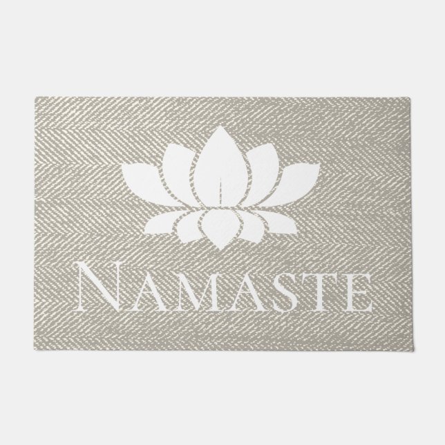 Paillasson Élégant Taupe Herringbone Namaste Blanc Lotus (Devant)