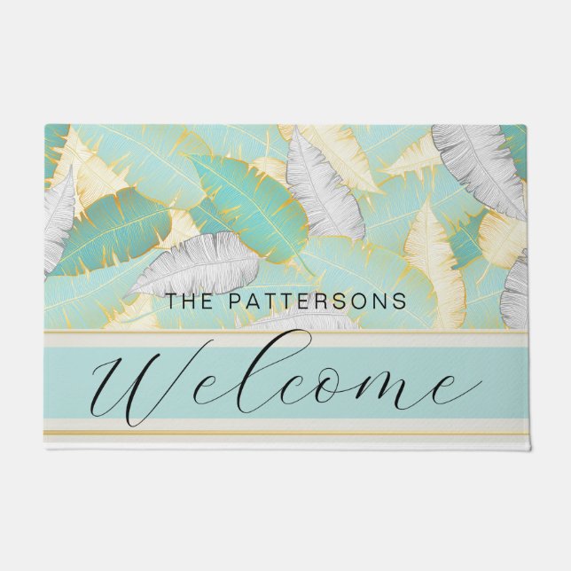 Paillasson Elégant Tropical Green Welcome Nom de famille (Devant)