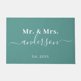 Paillasson Élégant Turquoise M. Et Mme Nom Mariage de script
