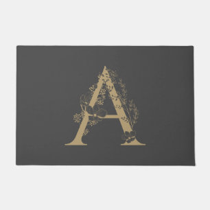Paillasson Élégant Un Boho Floral Monogramme initial Gris Or
