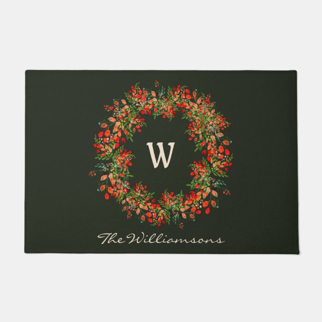 Paillasson Elégante aquarelle verte Wreath Monogramme personn (Devant)