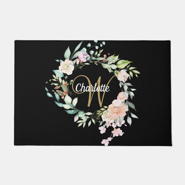 Paillasson Élégantes Roses Florales Or Monogramme Script Noir (Devant)