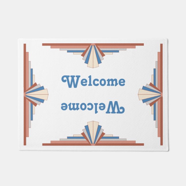 Paillasson Éléments Art déco en or rose, marron & bleu mat (Devant)