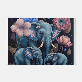 Paillasson Eléphants bleus avec design de fleurs roses