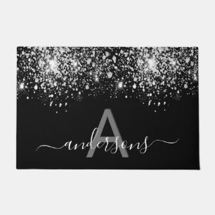 Paillasson Famille de bienvenue monogramme noir argent poussi