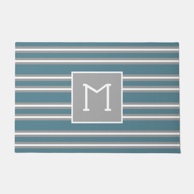 Paillasson Famille Moderne Monogramme Initial Simple Turquois (Devant)