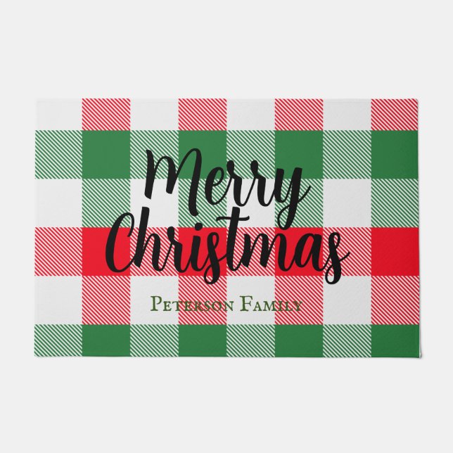 Paillasson Famille Noël Blanc Vert et Rouge Buffalo Plaid (Devant)