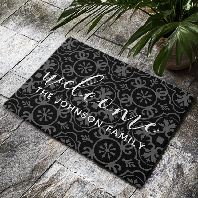 Paillasson Farmhouse moderne Motif Famille Bienvenue Noir (Custom Welcome Mat)