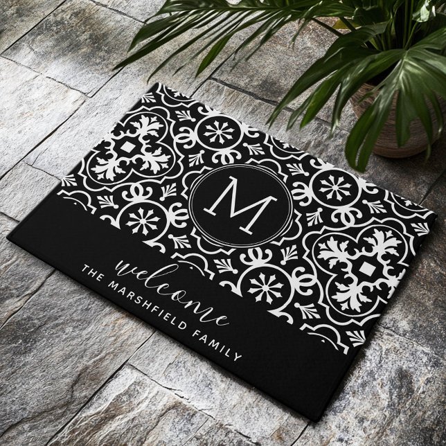 Paillasson Farmhouse moderne Motif Famille Bienvenue Noir (Custom Welcome Mat)