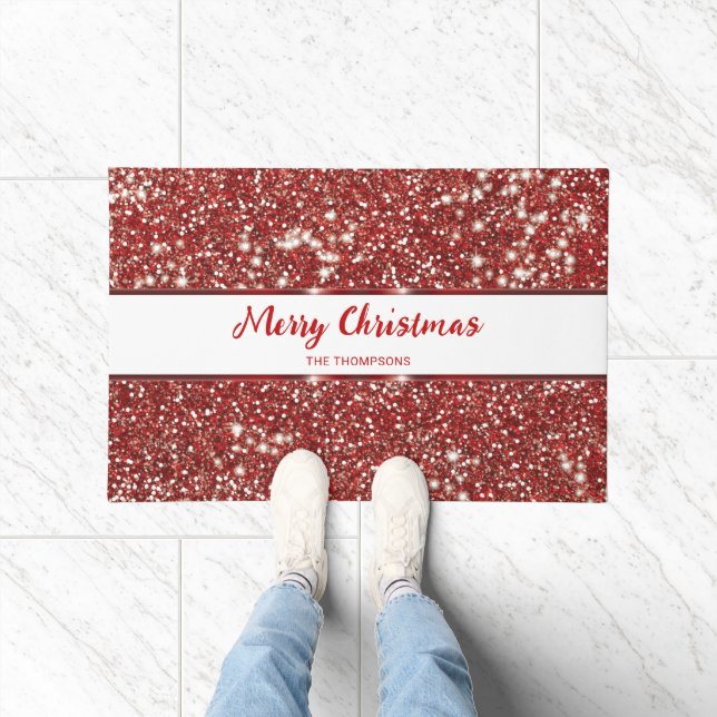 Paillasson Faux Rouge Texture Pailletée Joyeux Noël (Intérieur)