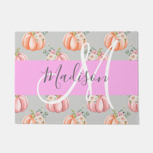 Paillasson Féminin Floral Gris Rose Pêche Citrouille Monogram