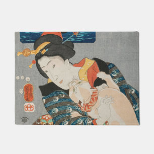 Paillasson Femme jouant avec chat Vintage japonais imprimé